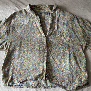Prana Iguala Floral Top Button Down Cropped Shirt in Sea Mist Petal Medium Women